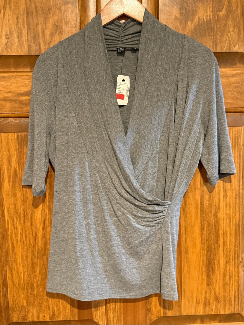 NWT SAKS FIFTH AVENUE Gray Draped Surplice Short-Sleeve Top